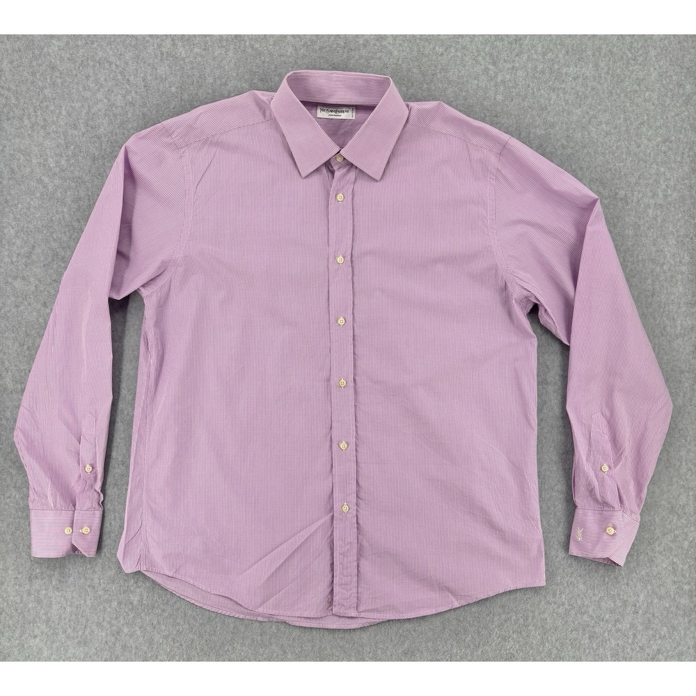 YSL Pour Homme Dress Shirt Pink Gingham Made Italy Logo Cuff Size 18 45